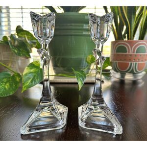 Vintage Tuscany Tulip Flower Candlestick Holders (Qty 2) Lead Crystal 8" Tall